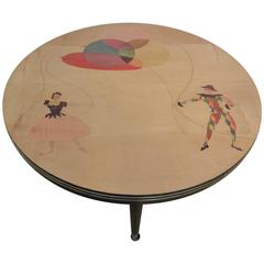 Vintage Italian Coffee Table Marquetry Carnivale Theme Colorful, circa 1940