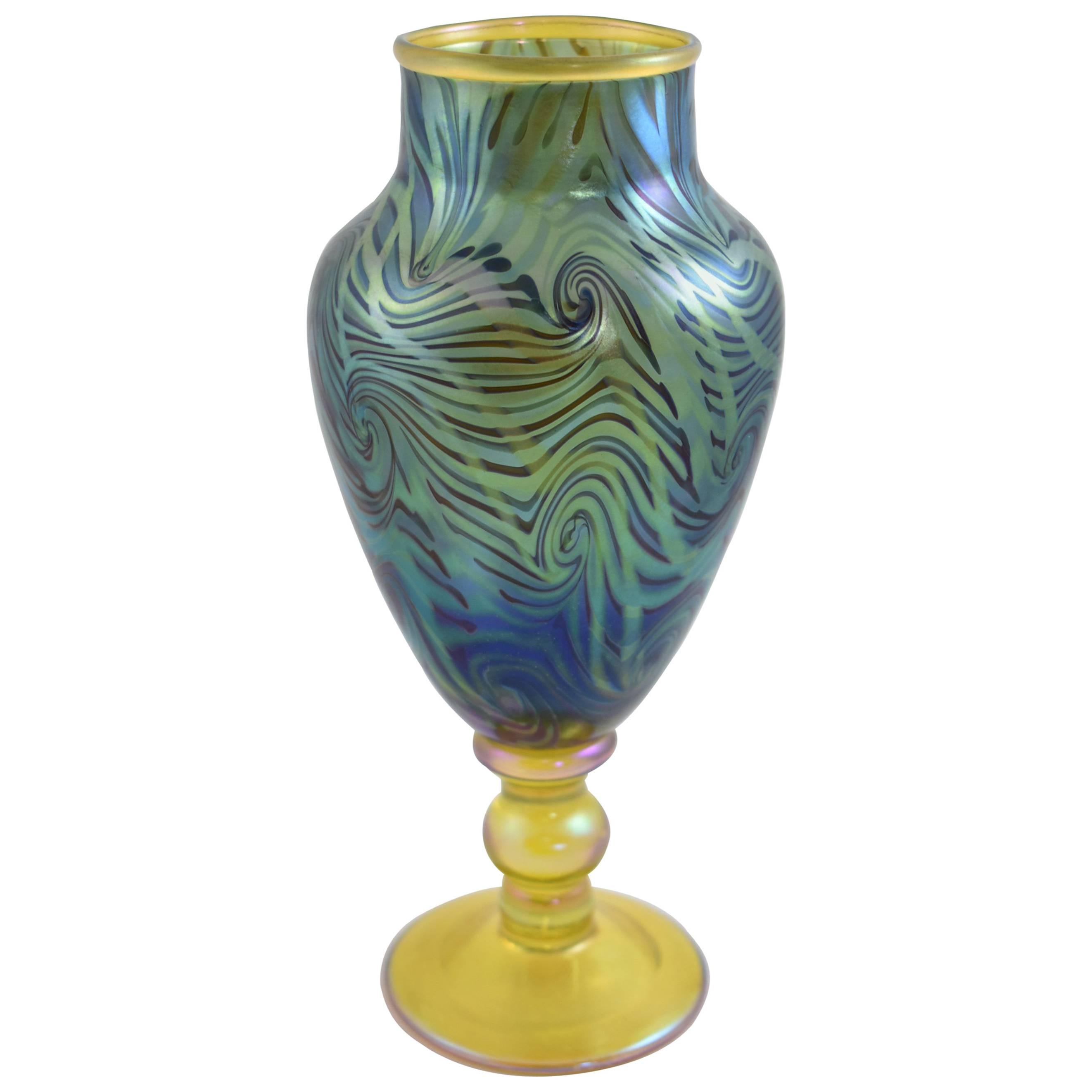 Signed LCT Tiffany King Tut Pattern Iridescent Footed Vase