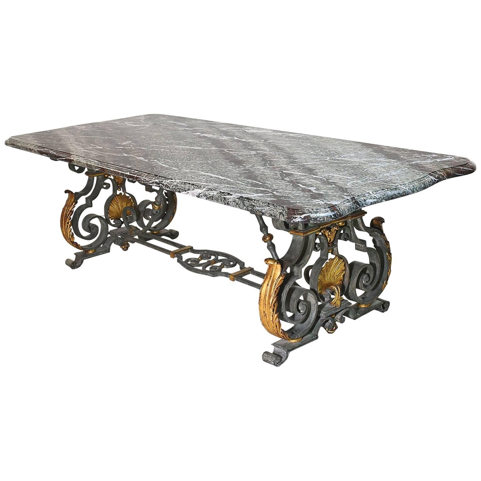 French Rococo-Style Campan Melange Marble-Top Dining Table with Forged Iron Base