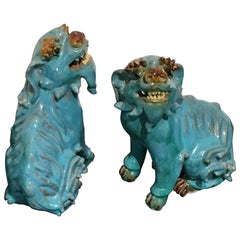 Pair of Chinese Turquoise Glazed Shiwan Pottery Foo Dogs