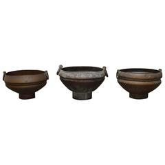 Set of Hammered Copper Urns with Ringed Handles