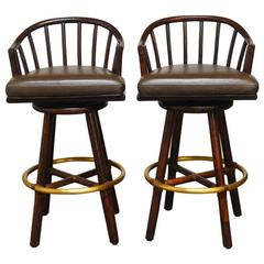 Pair of McGuire Bamboo Rattan and Leather Swivel Barstools