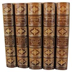 Moliere's Works in Five Volumes in Blue Leather with Gilt Tooled Spine