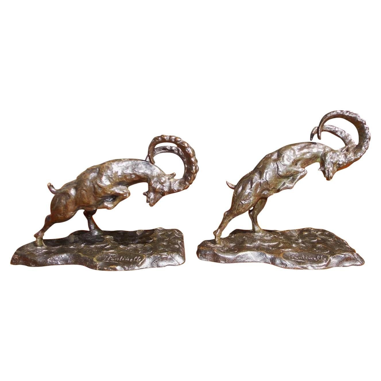 Paar französische figurale Widder-Buchstützen aus Bronze, signiert von L. Fontinelle, um 1900