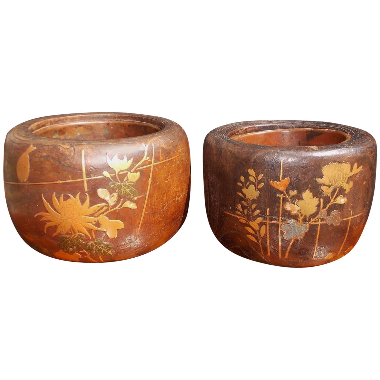 Pair of Japanese Wood and Copper Lined Inlaid Braziers, Circa 1870
