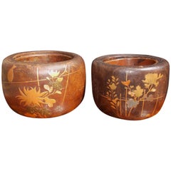 Antique Pair of Japanese Wood and Copper Lined Inlaid Braziers, Circa 1870