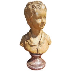 French Terra Cotta and Marble Figural Boy Bust On Plinth, Houdon, Circa 1790
