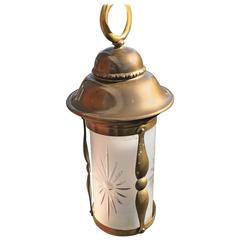 Lovely Art Nouveau Brass and Hand Engraved Glass Pendant Ceiling Lamp 2