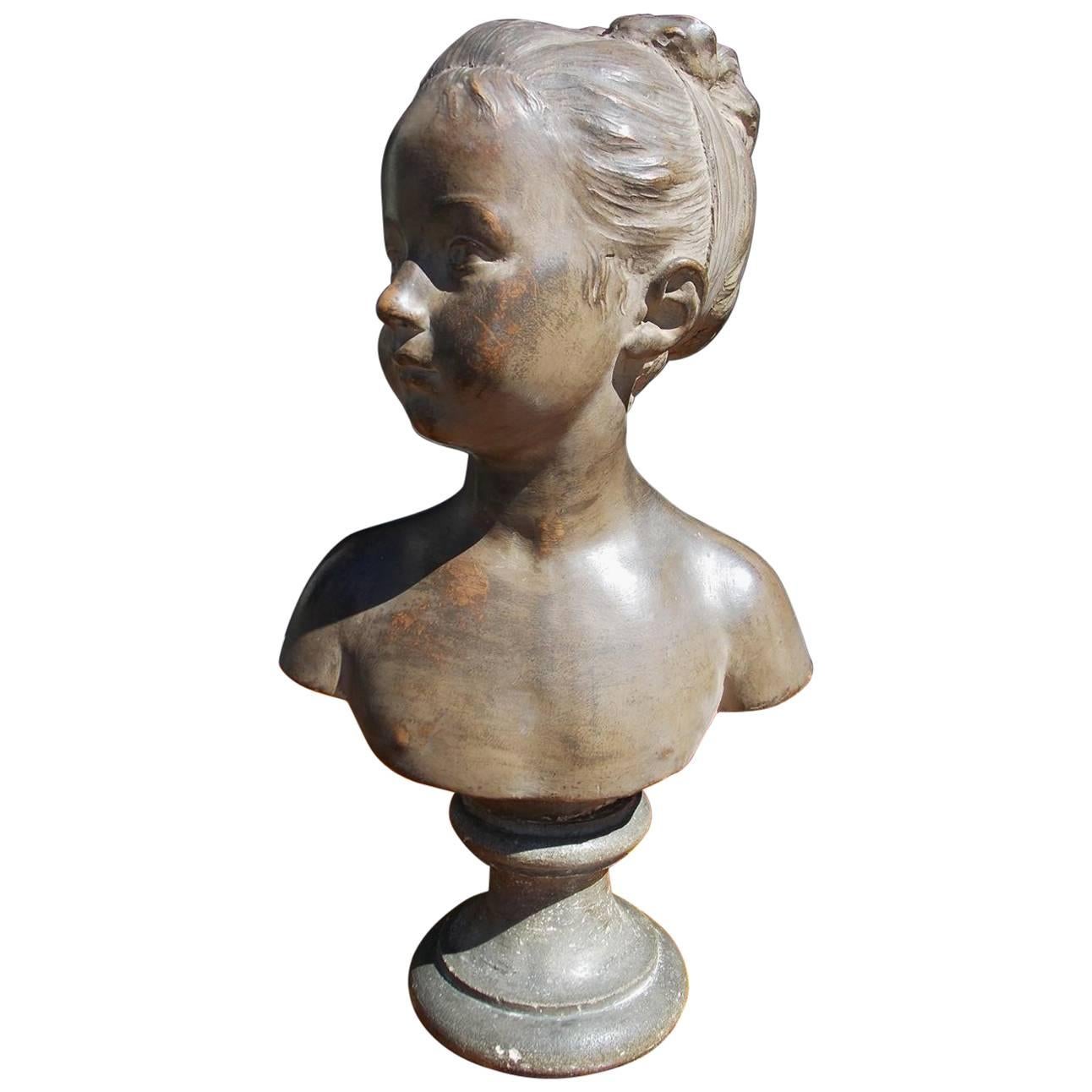 French Terra Cotta Figural Girl Bust on Circular Plinth, Houdon, Circa 1780