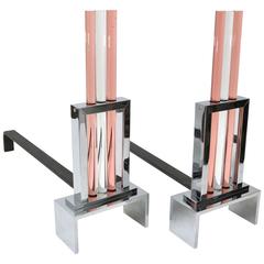 Set of Art Deco Style Fireplace Andirons in Polished Chrome and Glass 2