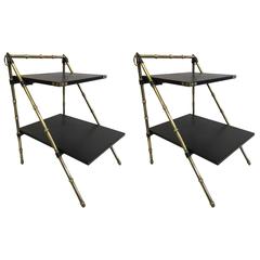 Pair of French Hand-Stitched Leather & Faux Bamboo Side Tables by Jacques Adnet