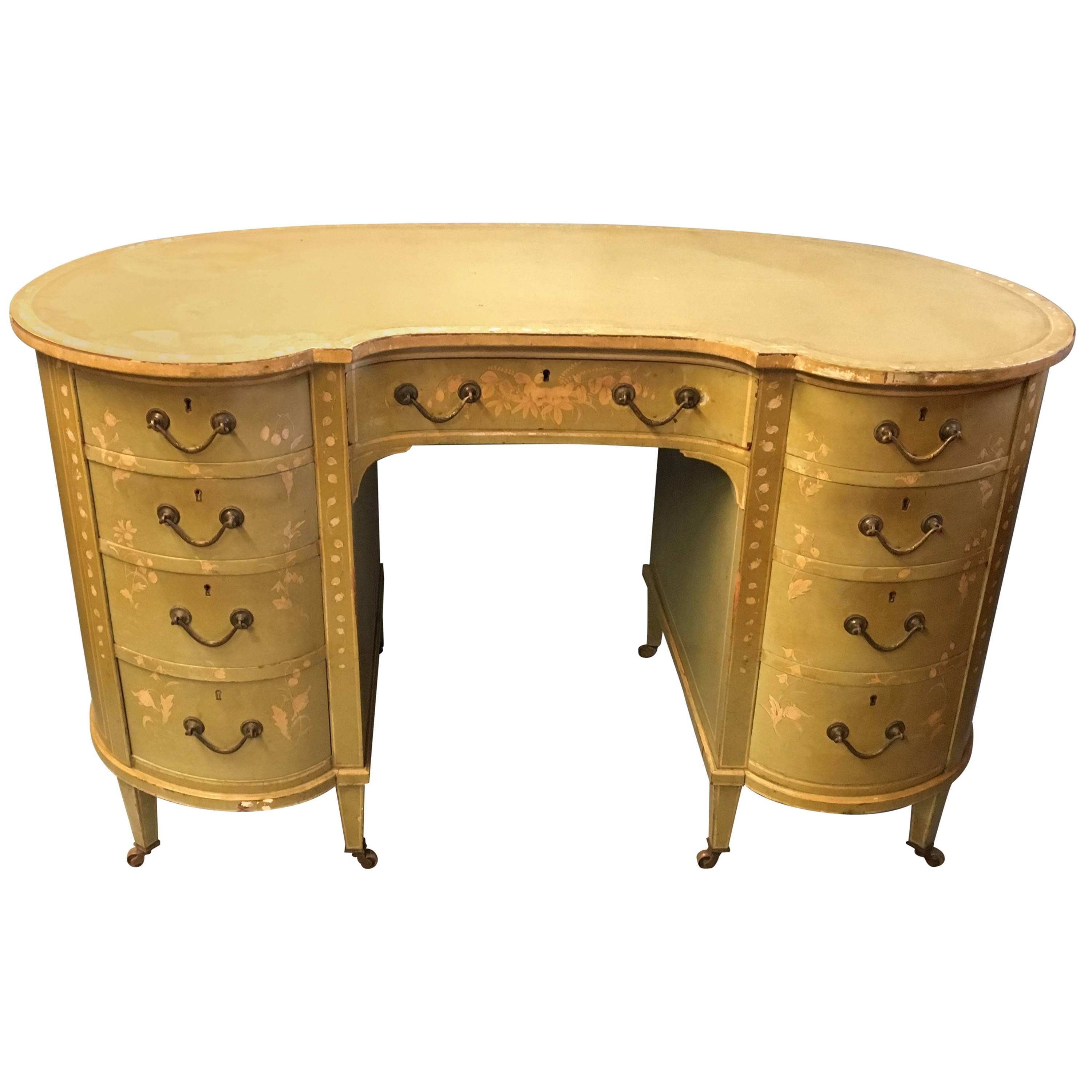 Early 20th Century Decorated Kidney Shaped Writing Desk