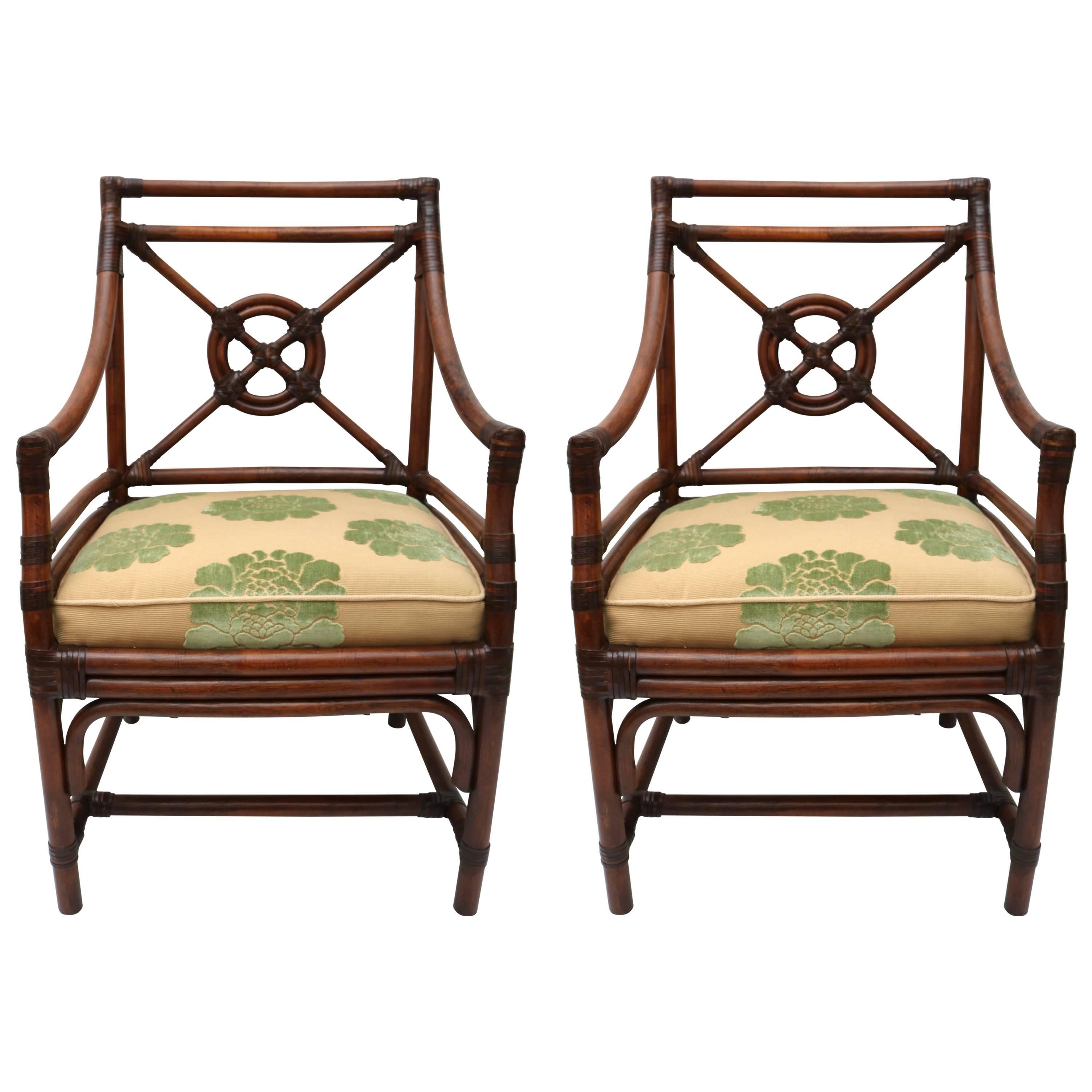 Pair of McGuire Rattan Armchairs with Gold and Green Upholstery