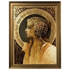 Phenomenal Oil on Canvas Portrait with Gold Leaf