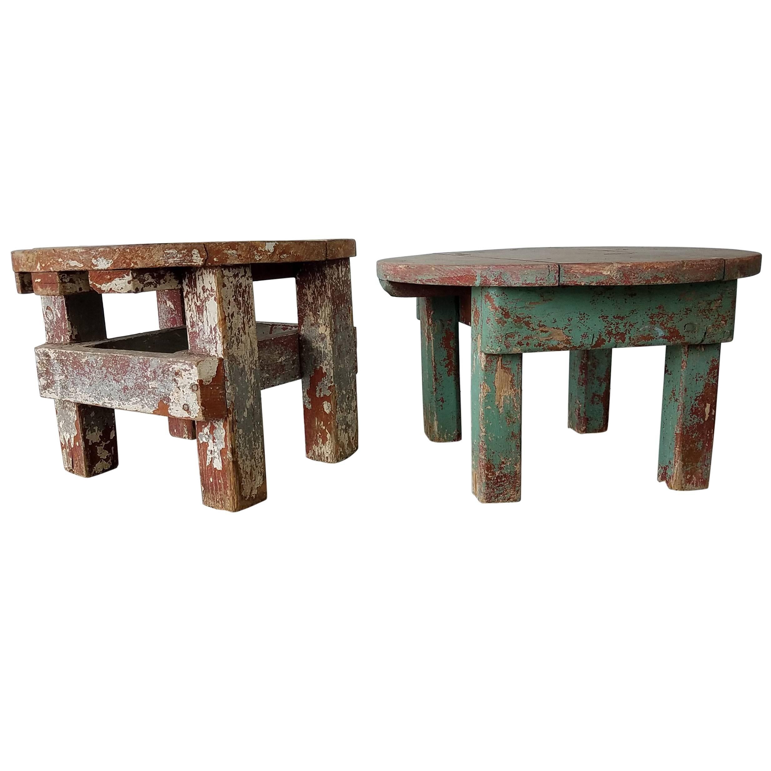 Pair of Early 20th Century Rustic Farm Stools with Original Paint  For Sale