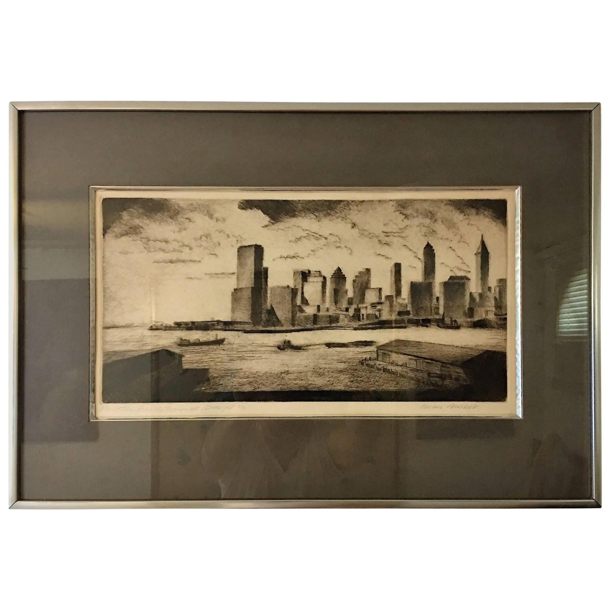 Moody Signed 1970s Manhattan Skyline Etching For Sale