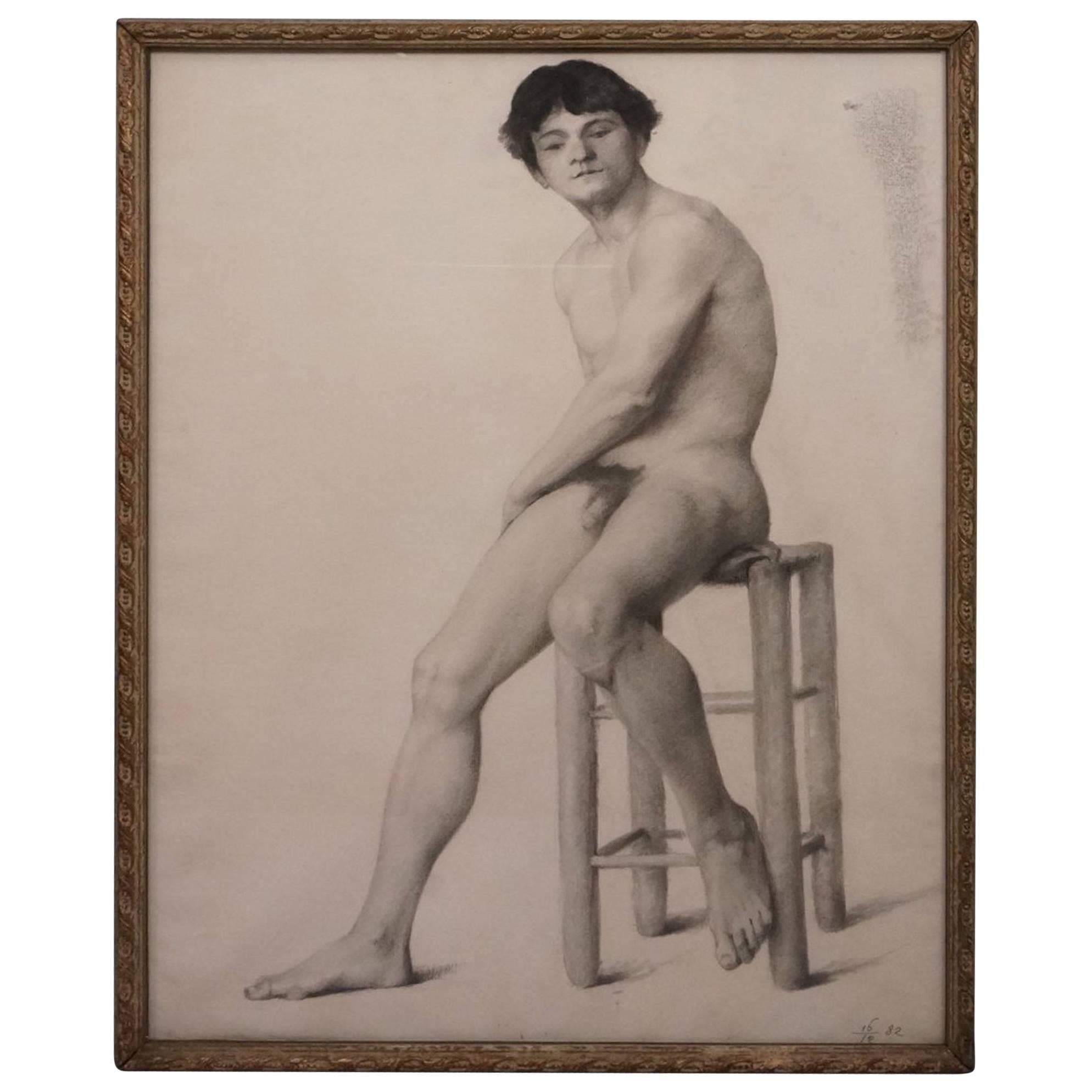 19th Century Male Nude Academic Drawing