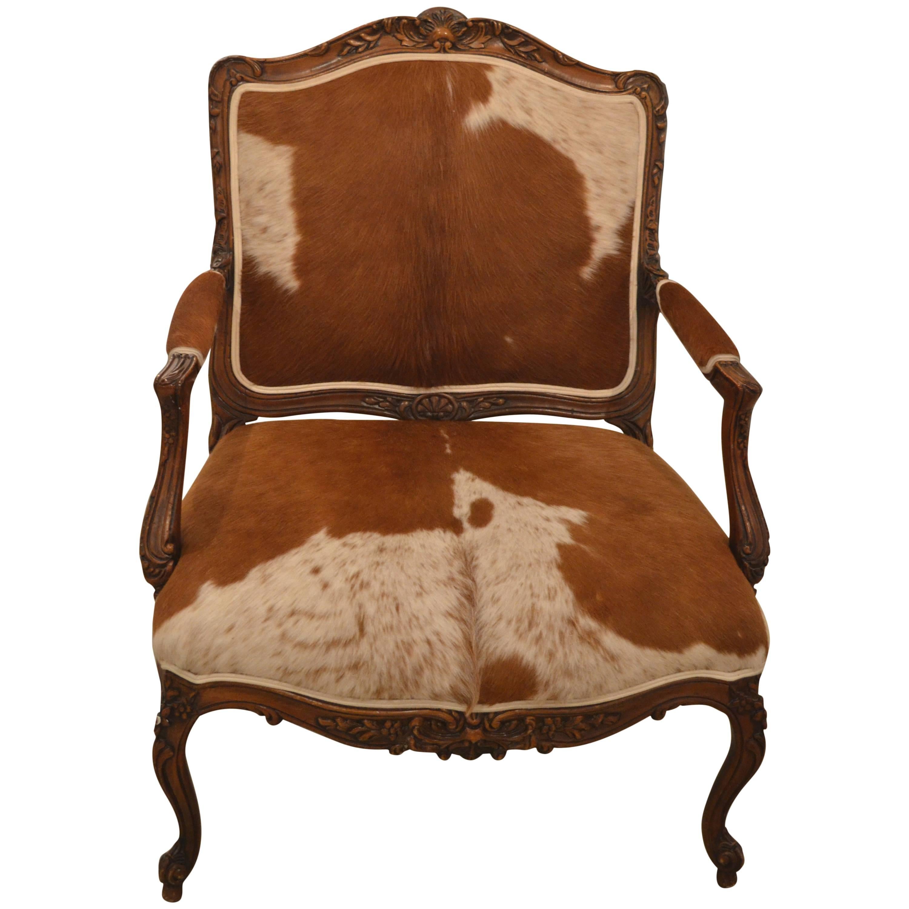 Large French Louis XV Carved Oak Armchair Upholstered in Horse Hair