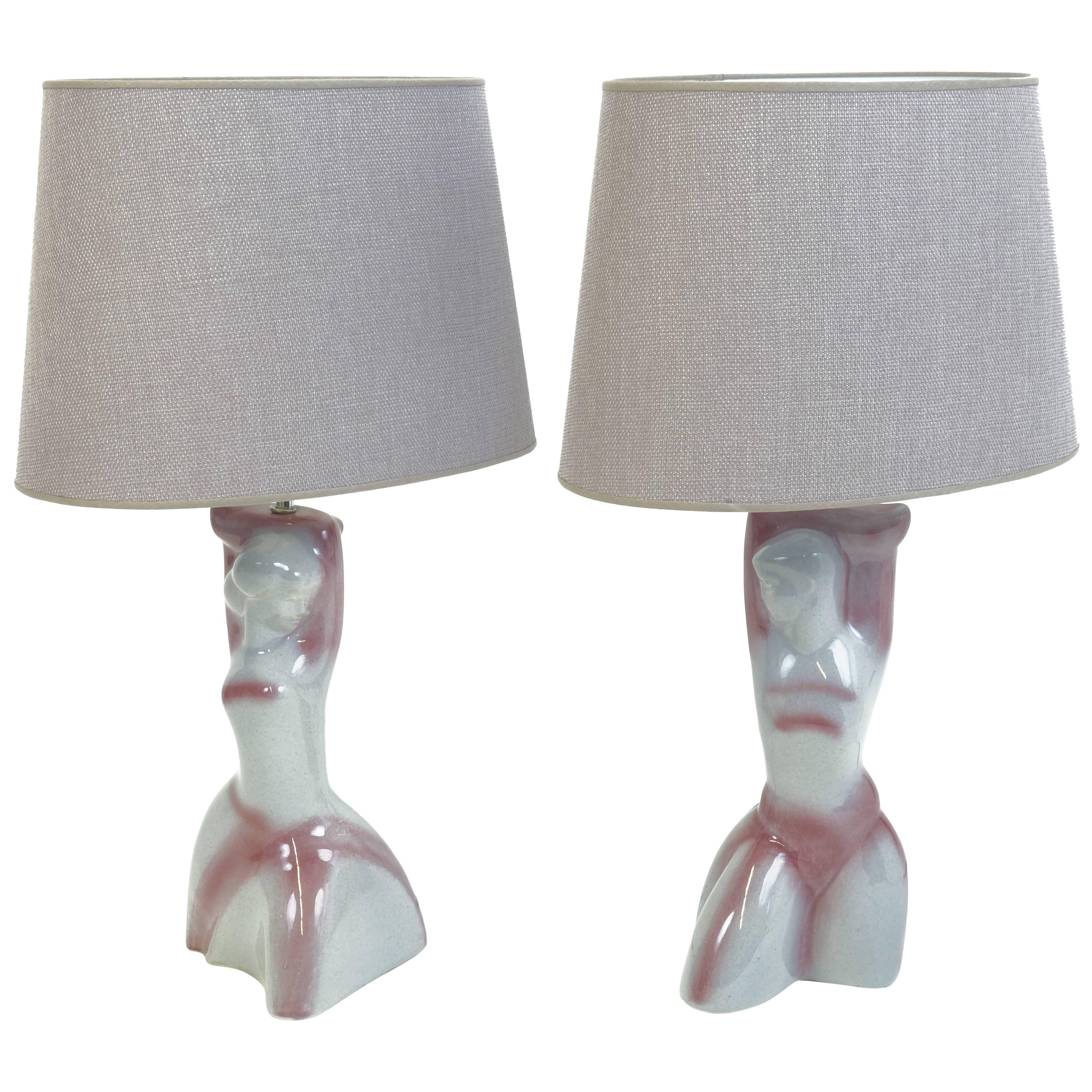 Two Art Deco Tablelamps of Glazed Ceramic with Mauve Shades For Sale