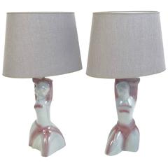 Vintage Two Art Deco Tablelamps of Glazed Ceramic with Mauve Shades