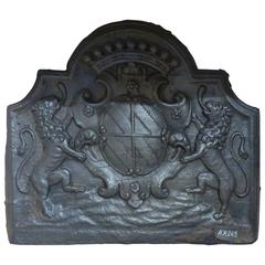 Rare 17th Century Antique Iron Fireback for Fireplace, Coat of Arms and Lions