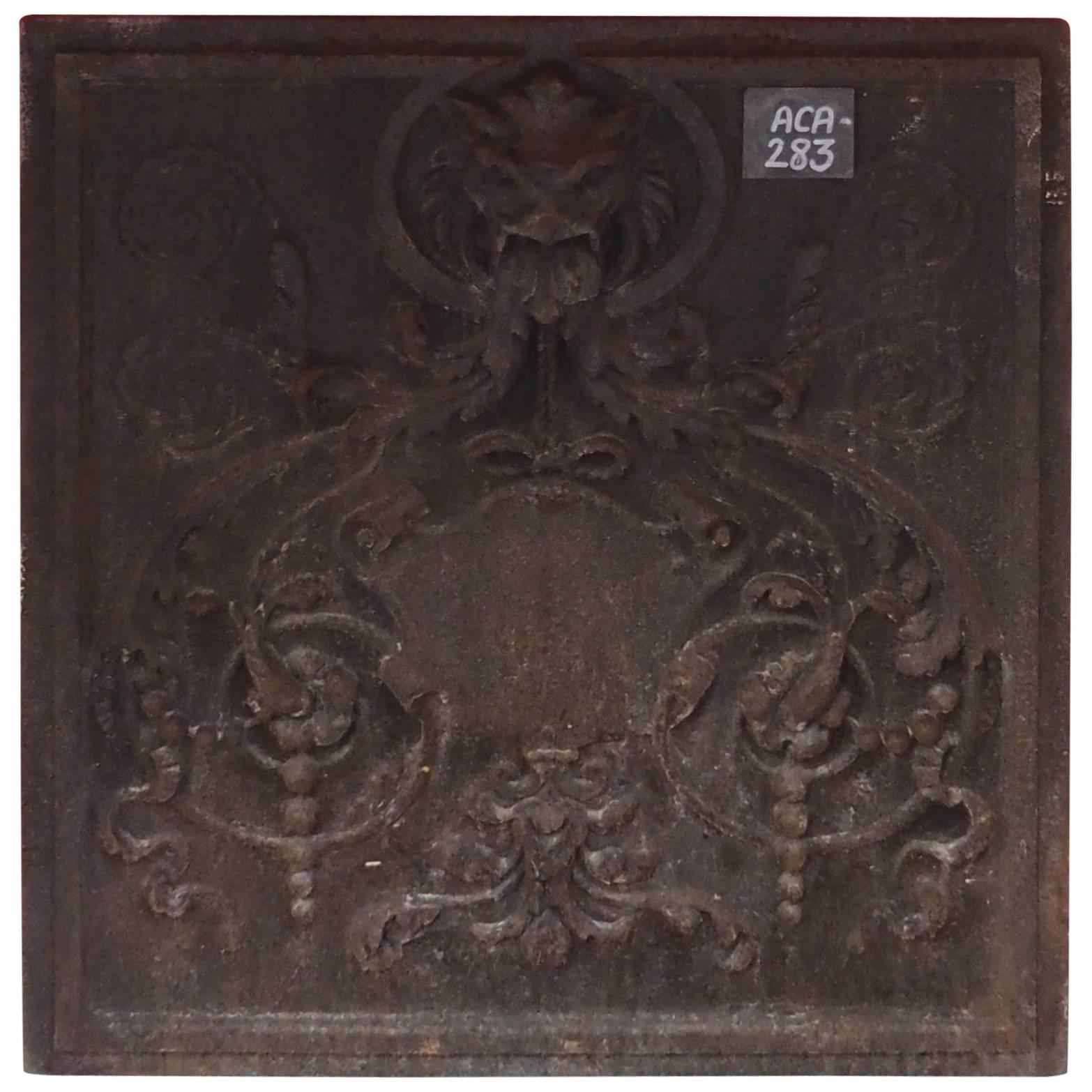 Rare Antique 18th Century Cast Iron Fireback with Lion's Head For Sale