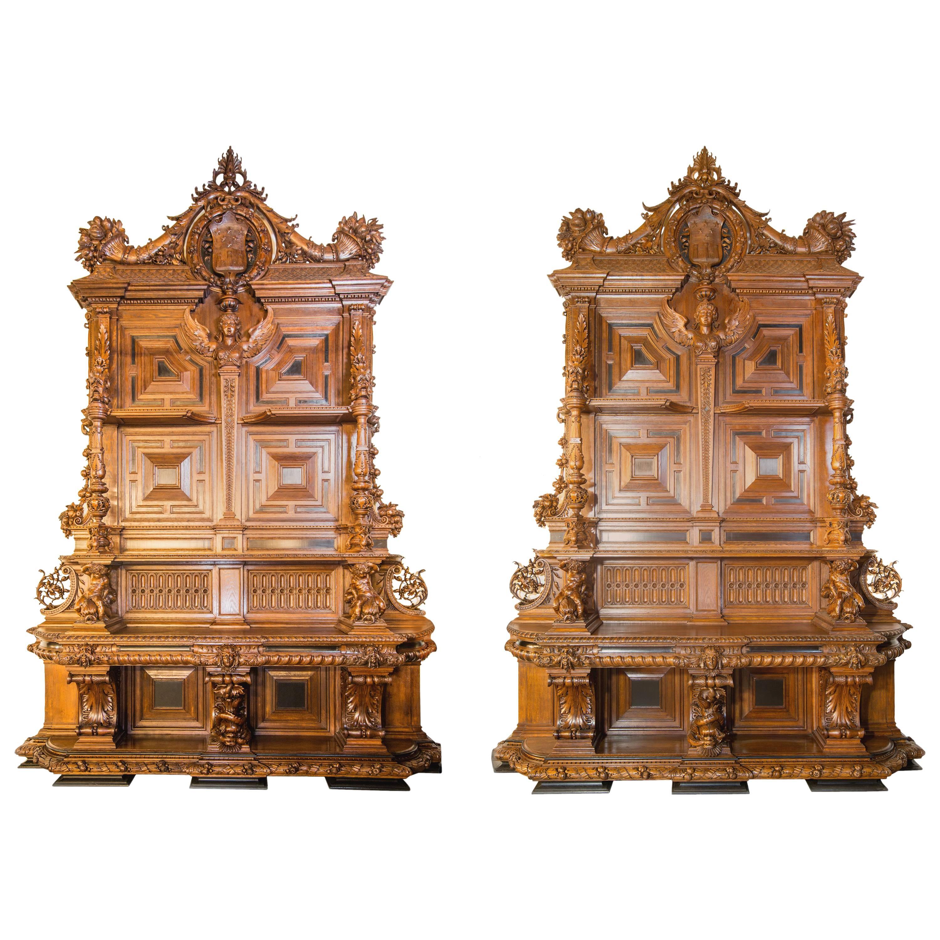 Monumental Pair of Console Cabinets in Oak and Ebony Wood For Sale
