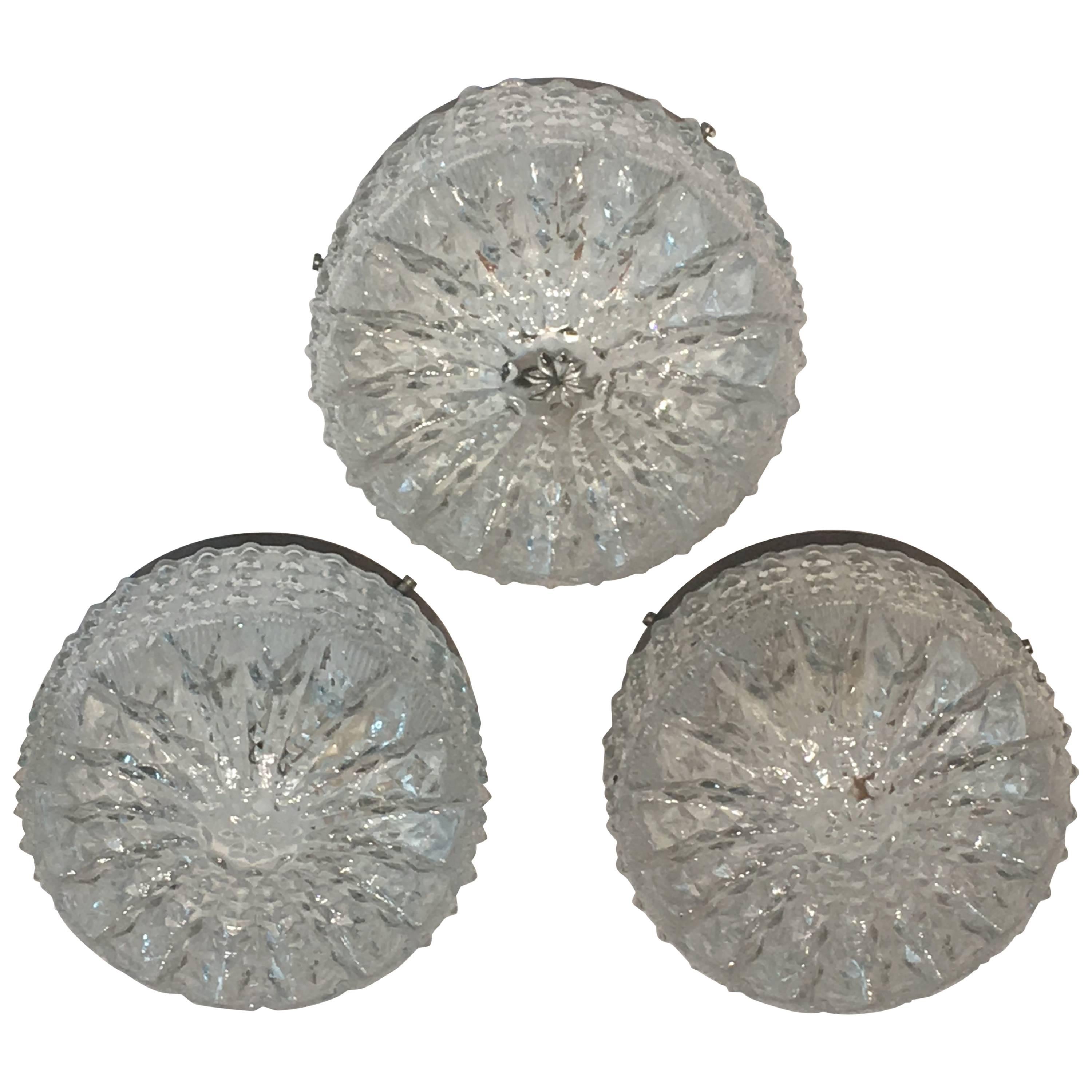 Three Ice Crystal Pattern Limburg Style Flush Mount For Sale