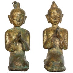 Antique Pair of Miniature 19th Century Bronze Praying Monks from Thailand