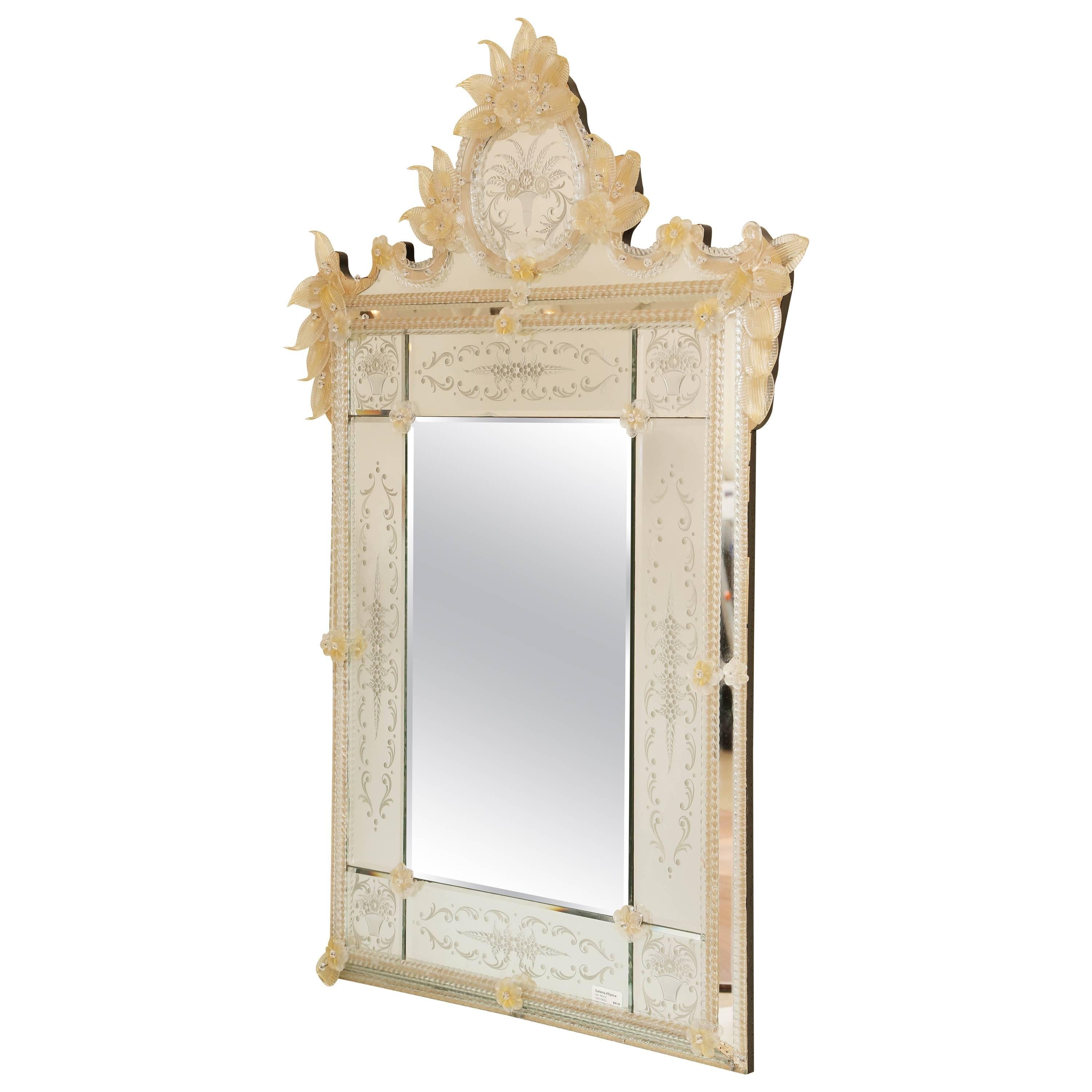 Ornate Etched Venetian Mirror with Bohemian Golden Flowers