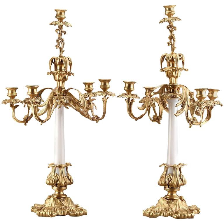 French Brass Mounted White Opaline Candelabra For Sale