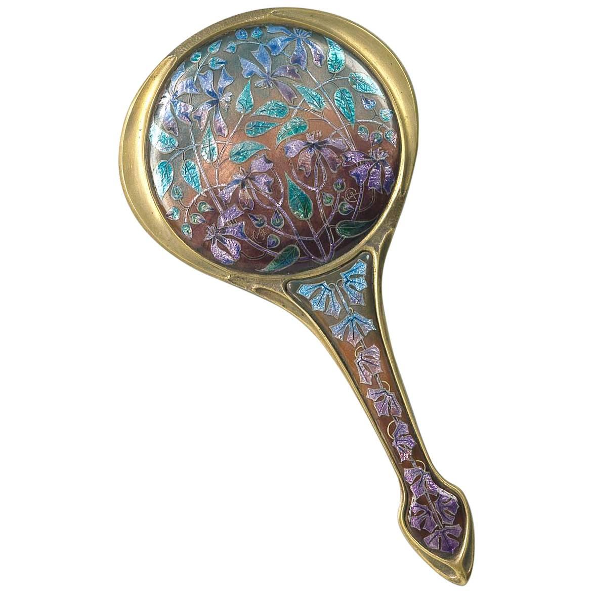 Mathile Augé, Ely Vial, an Art Nouveau Polychrome Enamel Hand Mirror, Signed For Sale