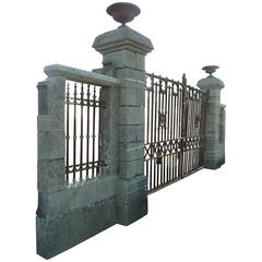 Beautiful Pair of Antique Stone Pillars with Low-Walls, Vase and Iron Ornaments