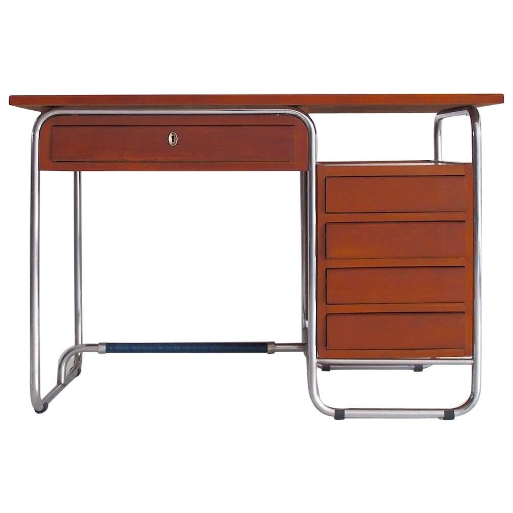 Modernist Tubular Steel and Cherry Wood Writing Desk with Blue Laminate