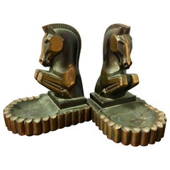 Vintage Pair of Art Deco Cubist Horse Bookends or Ashtrays with Patinated Bronze Finish