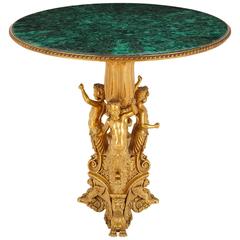 Antique Russian Round Ormolu Table with Green Malachite Top