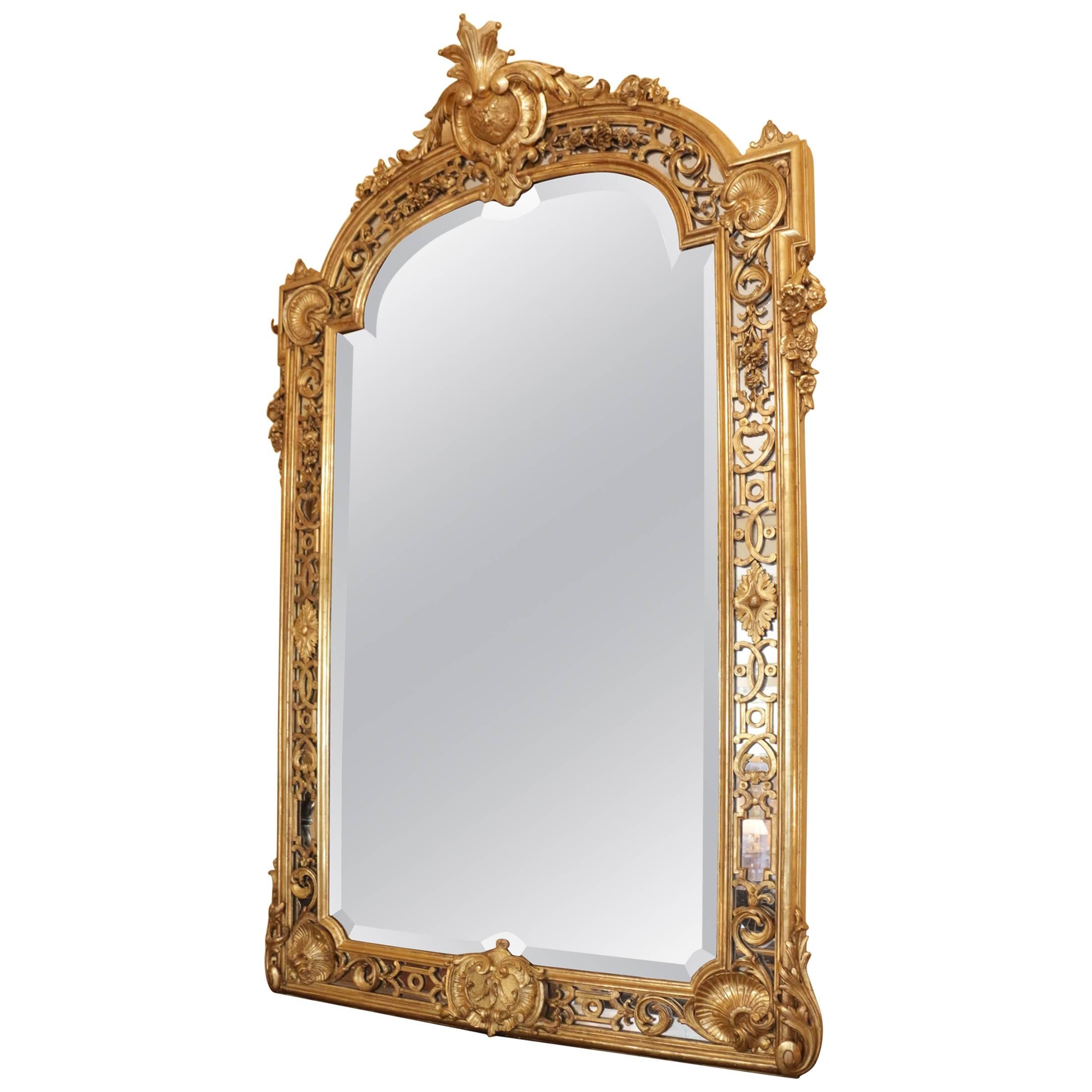 Fine and Large French 19th Century Giltwood Carved Mirror