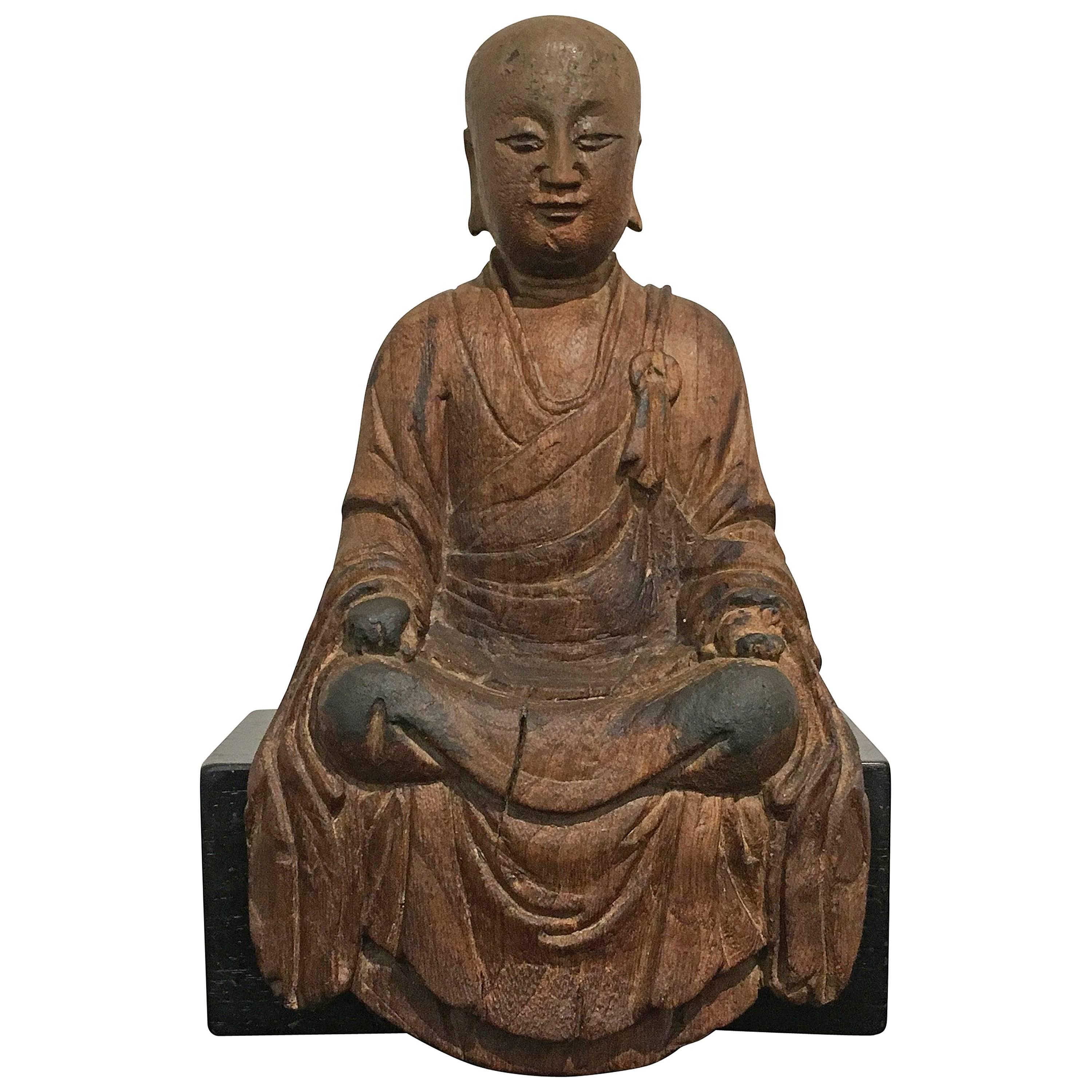 Chinese Carved Wood Figure of Ksitigarbha, Yuan Dynasty, 14th Century