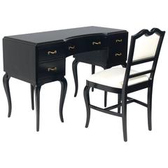 Glamorous French Black Lacquer Desk and Chair
