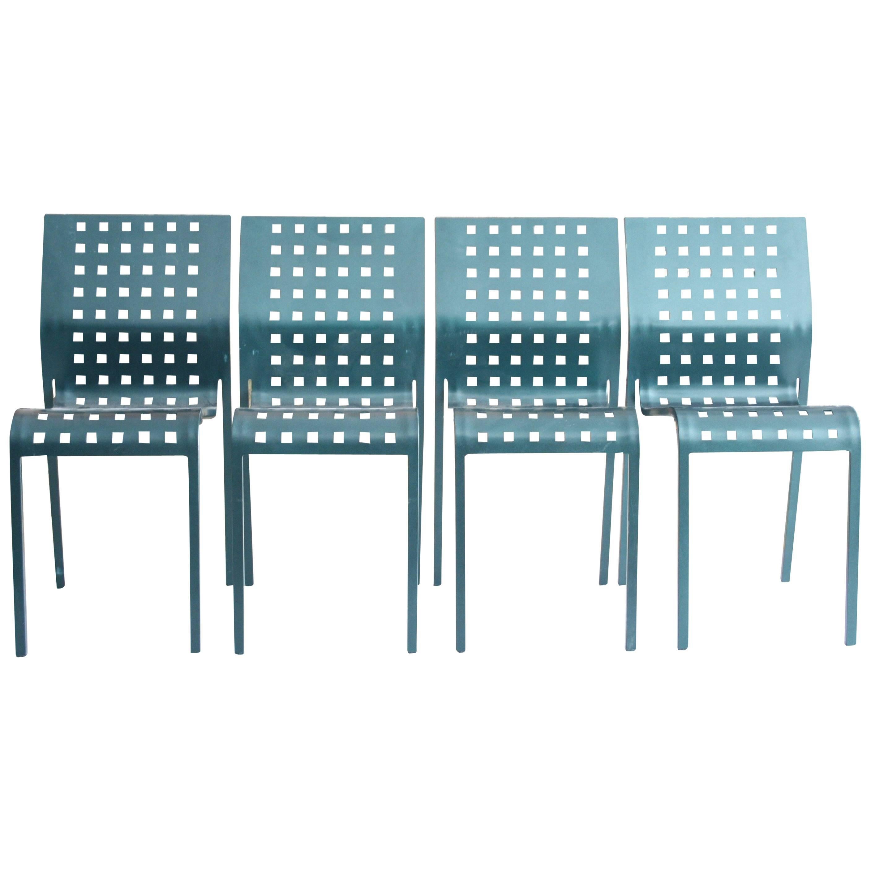 Four Green Metal Stacking Dining Chairs by Pietro Arosia for Zanotta, Italy