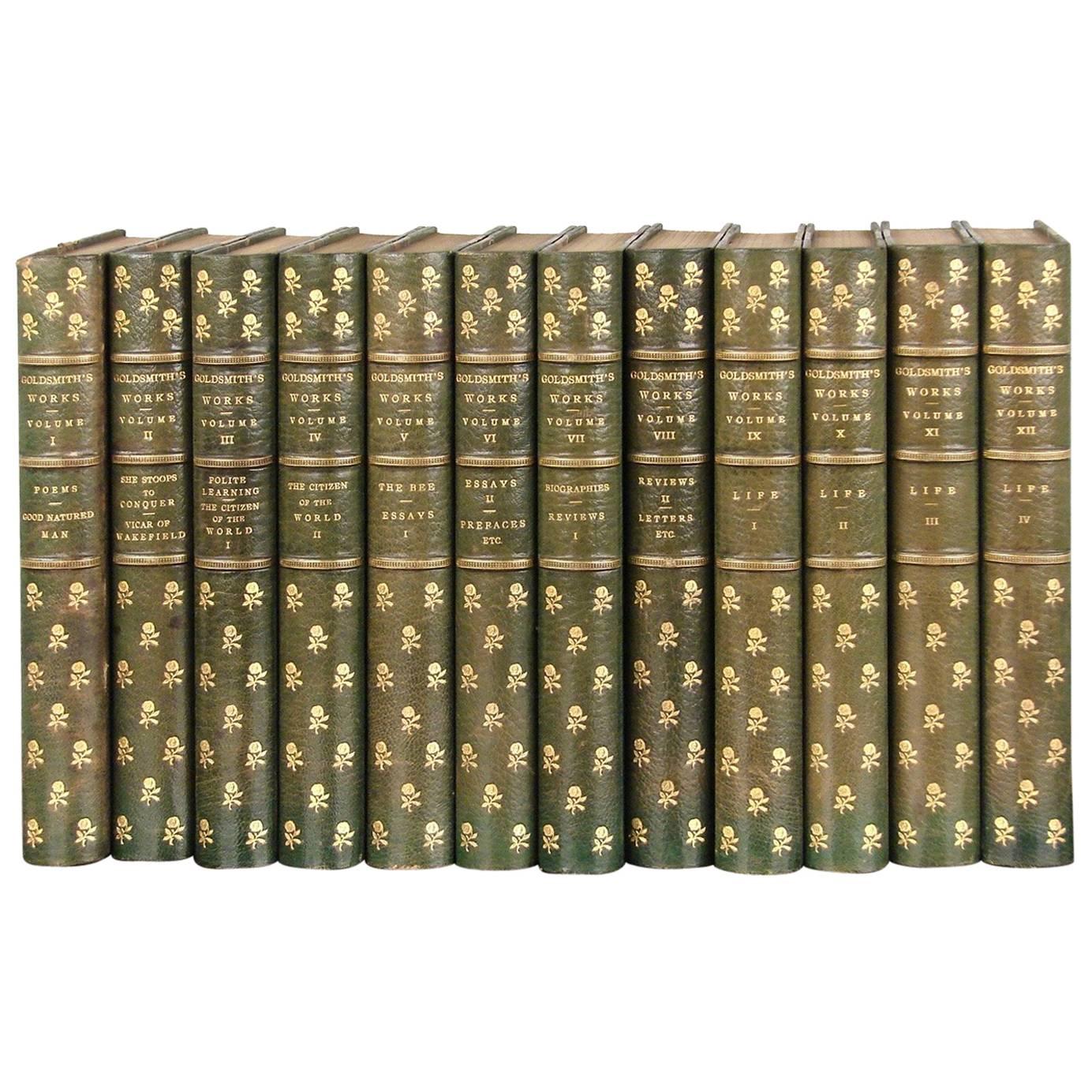 Lovely 12 Volume Gilt-Tooled Tall Leather Bound Set of Works of Goldsmith