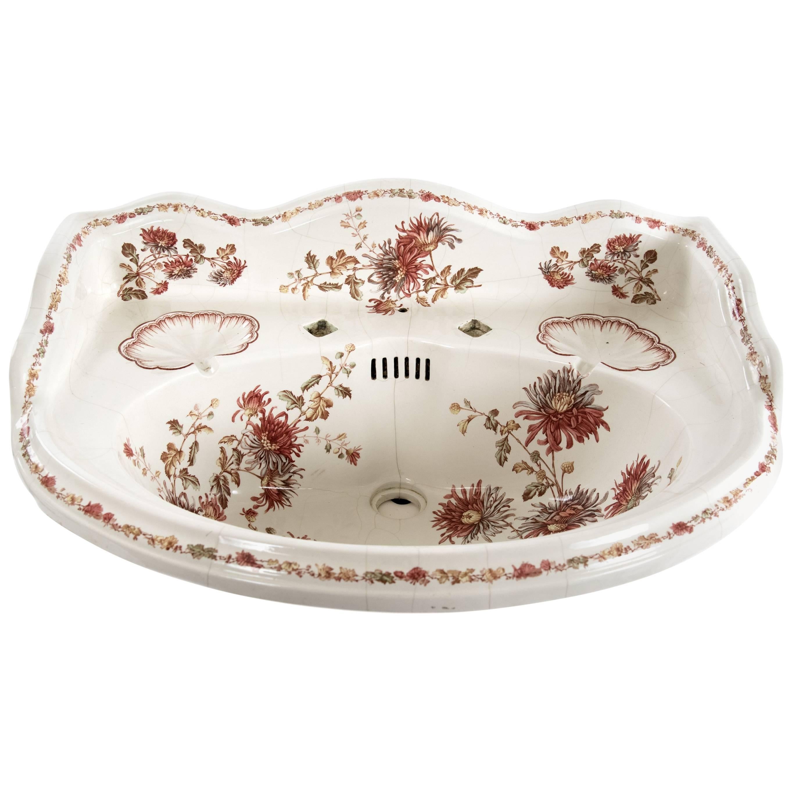 Victorian Porcelain Basin with Transfer Polychromatic Foliate Design For Sale