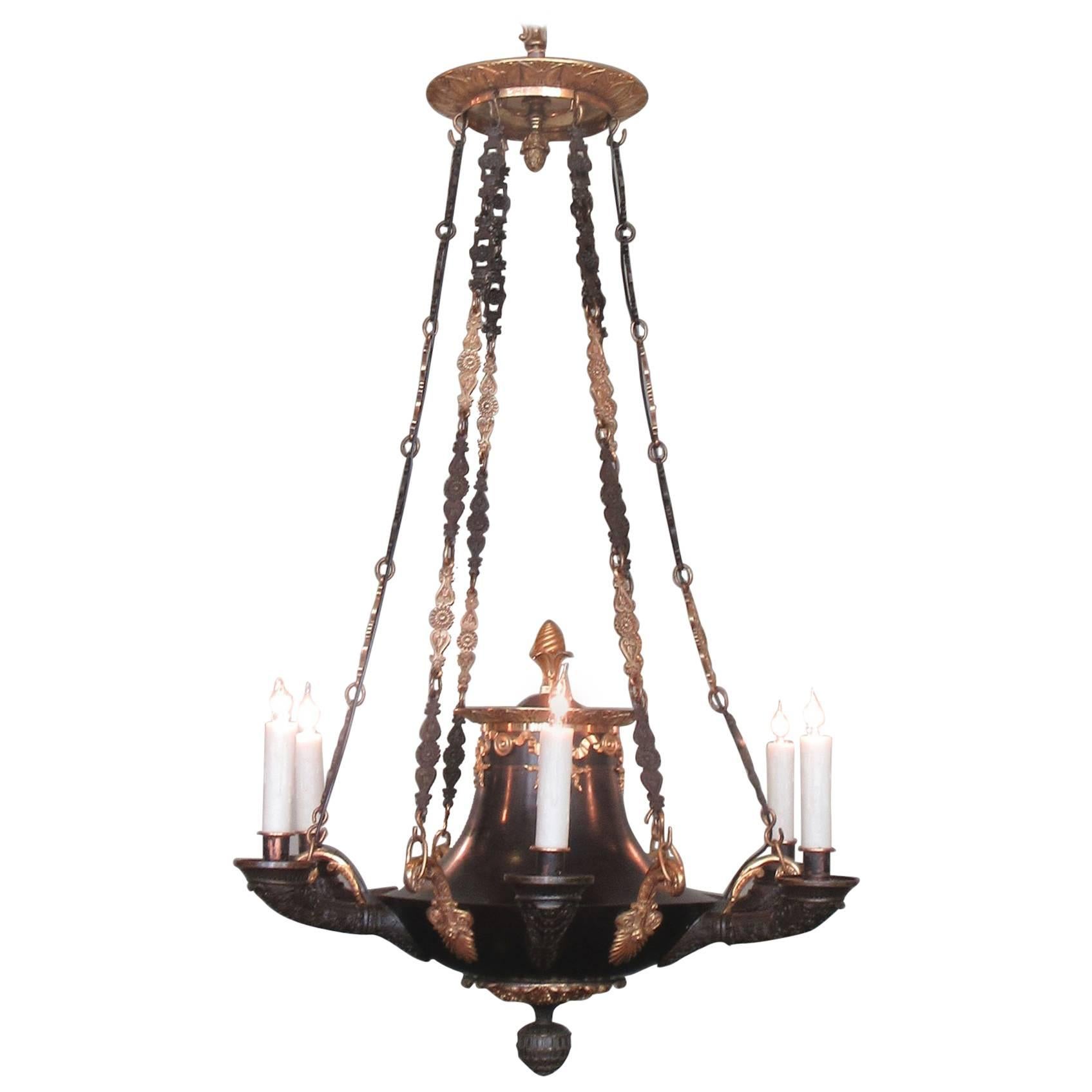 Early 19th English Regency Patinated and Dore Bronze Argand Chandelier