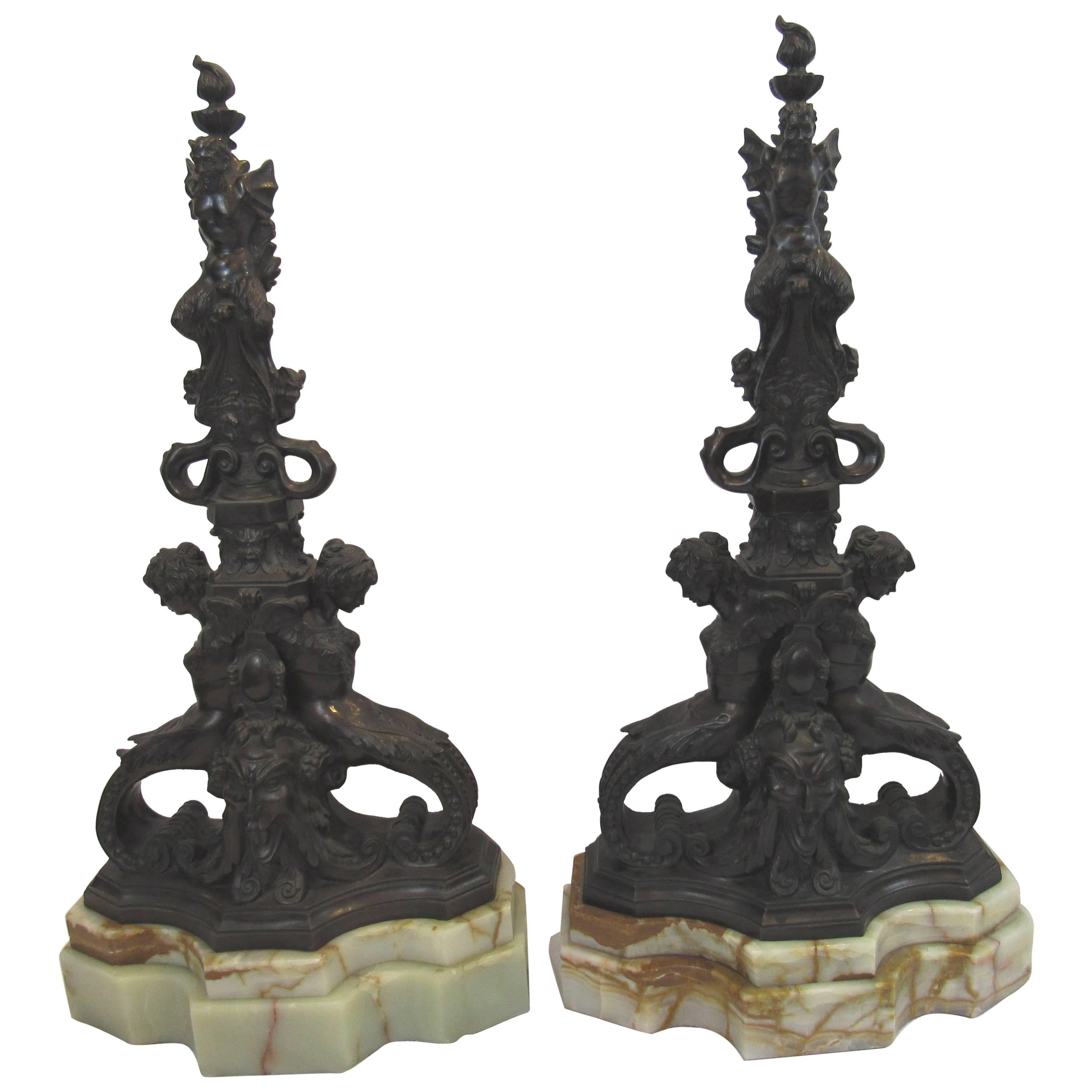 Monumental Fireplace Chenets, Bronze on Green Onyx Bases, 19th Century For Sale