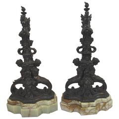 Used Monumental Fireplace Chenets, Bronze on Green Onyx Bases, 19th Century