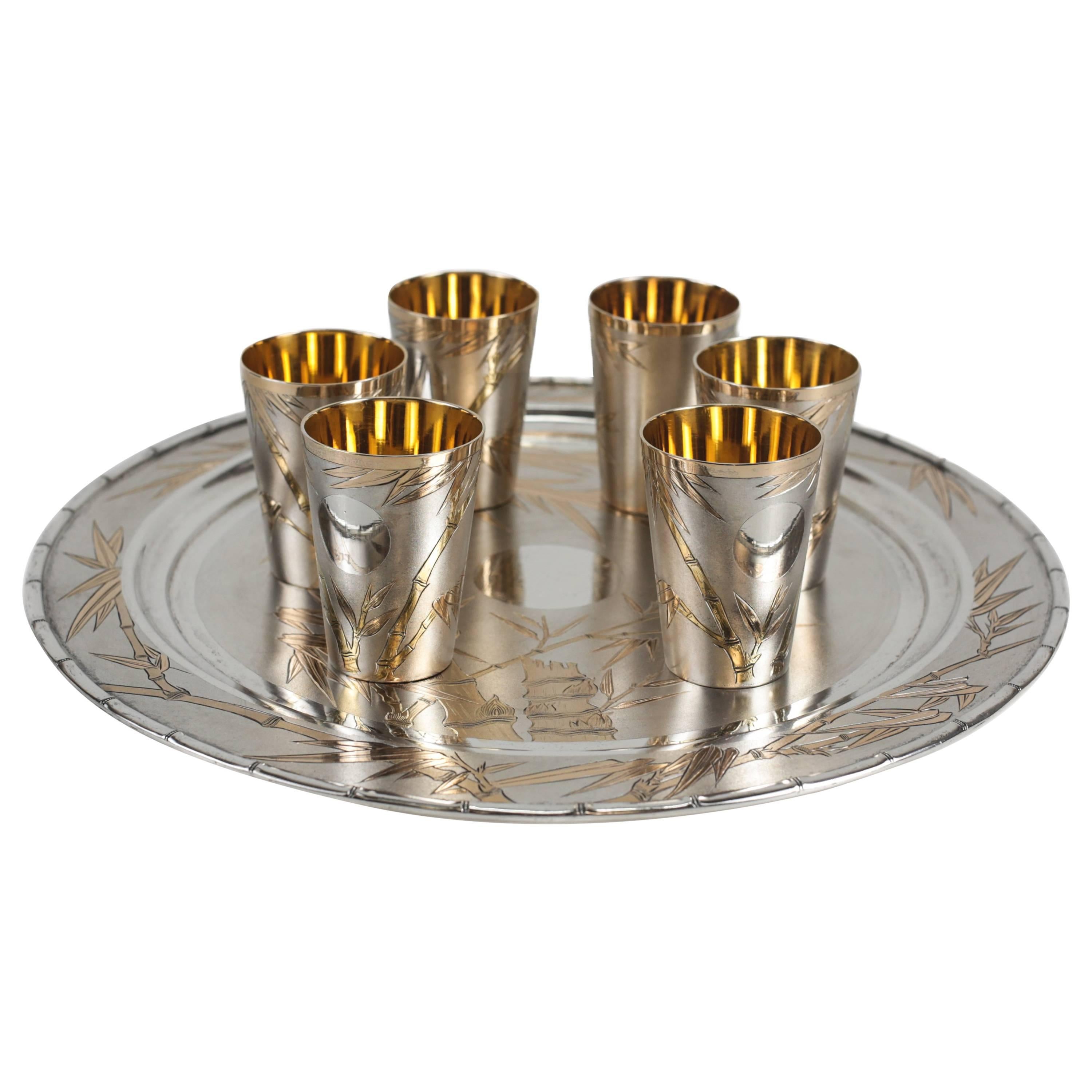Japanese Gilt 800 Solid Silver Sake Tray and Cups For Sale