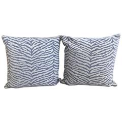 Used Set of Two Lavender & White Zebra Stripped Glorious Schumacher Fabric Pillows