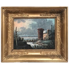 Peinture de château à l'huile sur carton du 19e siècle