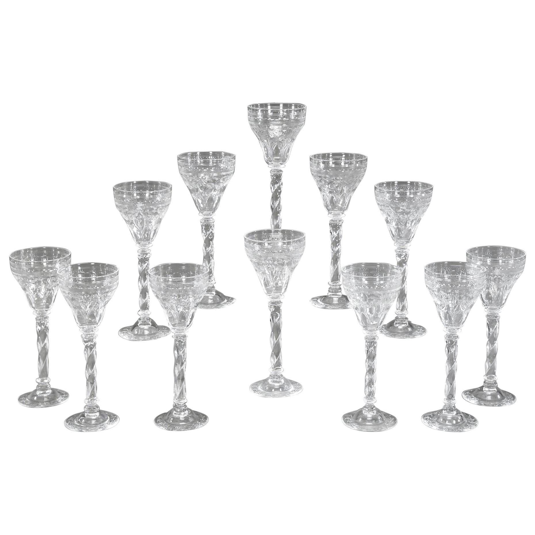 12 Webb Hand Blown Tall Crystal Goblets Wheel Cut with Twist Spiral Stem For Sale