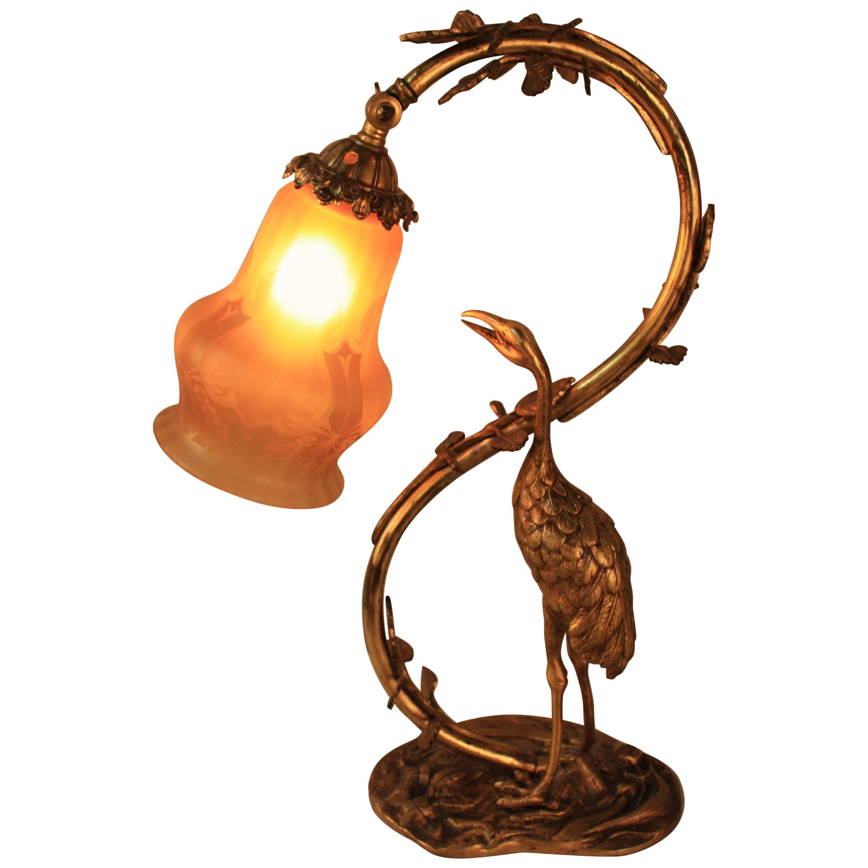 Art Nouveau Bronze Stork Table Lamp